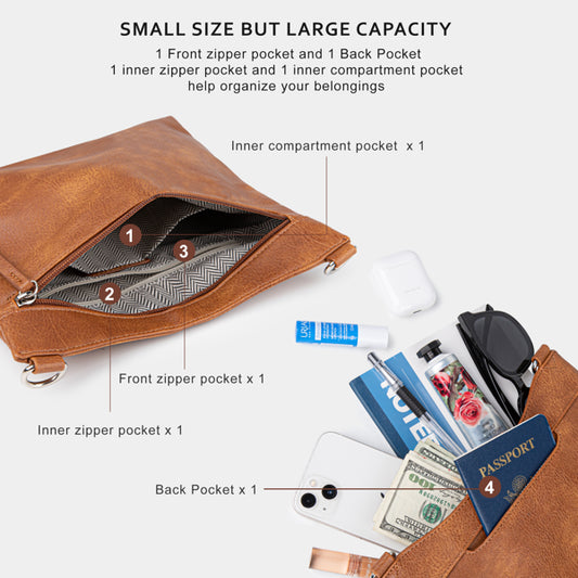 Women’s Multi-Pocket Crossbody Bag with Adjustable Strap, Brown PU Leather