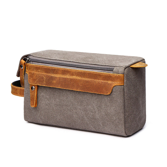 Unisex Canvas Travel Toiletry Bag with Synthetic Leather Trim and Side Carry Handle