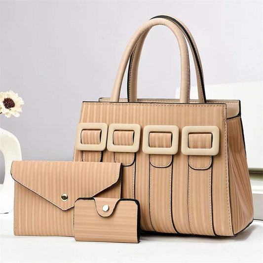 Three Piece PU Leather Handbag Set with Top Handle and Zipper Closure