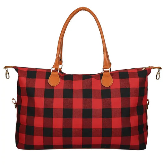 Travel Duffle Bag for Women with Buffalo Plaid Pattern and Reinforced PU Leather Base