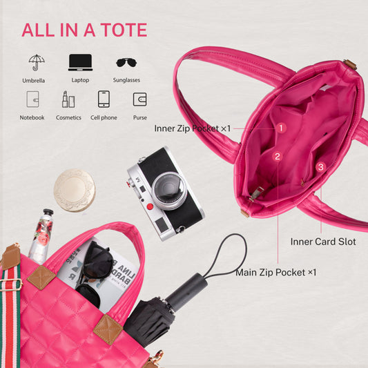 Quilted Tote Bag with Zipper Closure and Adjustable Strap, Rose Pink 11.4 Inch