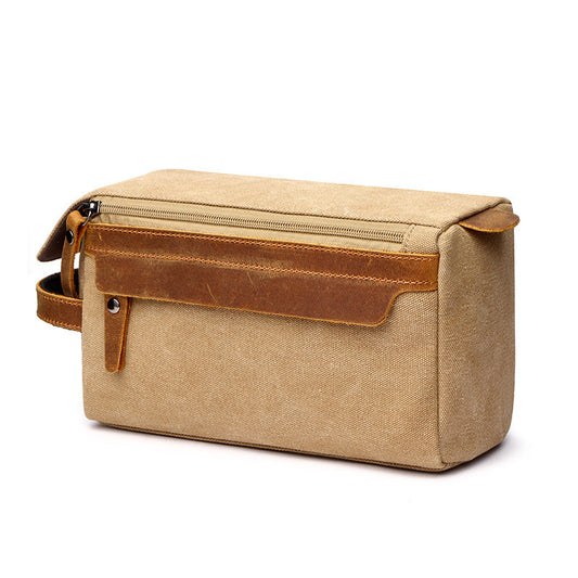 Unisex Canvas Travel Toiletry Bag with Synthetic Leather Trim and Side Carry Handle