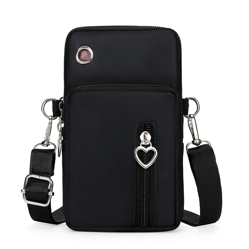 Women's Nylon Crossbody Phone Bag with Triple Zipper Compartments and Integrated Headphone Port