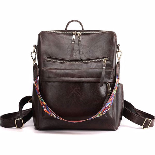 Women's PU Leather Backpack with Anti-Theft Rear Pocket and Detachable Patterned Shoulder Strap