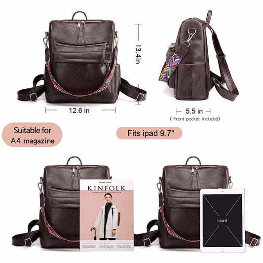 Women's PU Leather Backpack with Anti-Theft Rear Pocket and Detachable Patterned Shoulder Strap